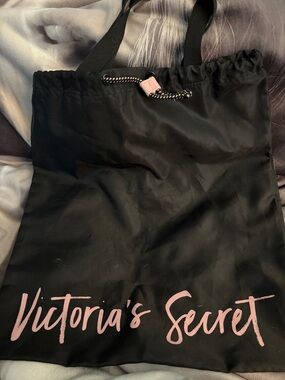 Victoria's Secret Black Tote with Pink Script Logo and Drawcord